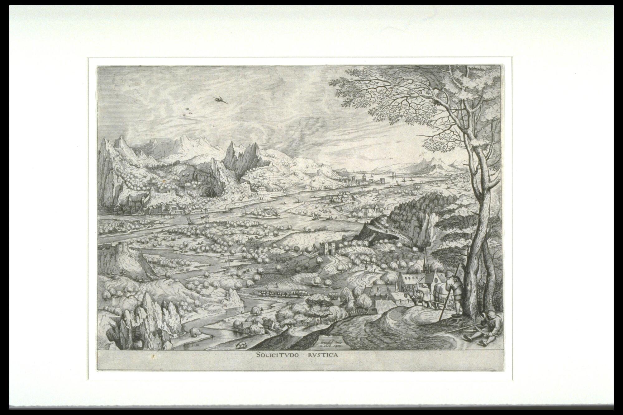 This print offers an expansive vista over a river valley bordered by high mountains in the distance. In the foreground a peasant sits on the ground hammering the blade of his scythe as another man leans against a tree and gazes into the valley. Boats, towns, and villages dot the landscape.