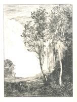 Vertically orientated image with trees along a hil like sketching on the right side of the image.  Two tree trunks and foliage are distinguishable in the foreground.  To the left of the trees and in the bottom third of the image is a small church-like structure barely visible at all.  There is a a cloud in the upper half of the left side of the image, just barely extending into the tree foliage, also very faint in tone.