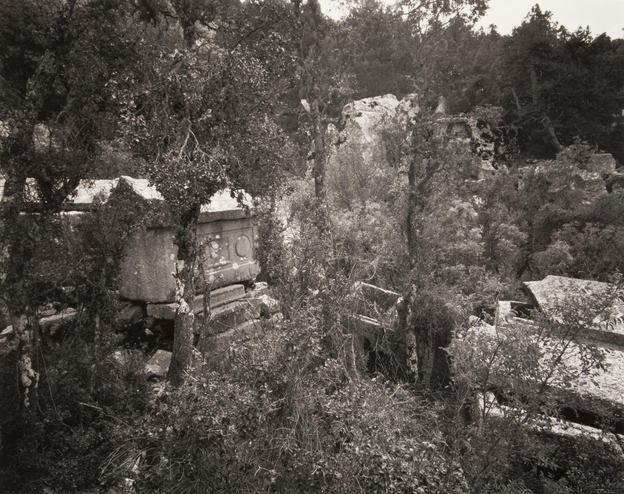 This photograph depicts sarcophagi in ruins on a mountainside.