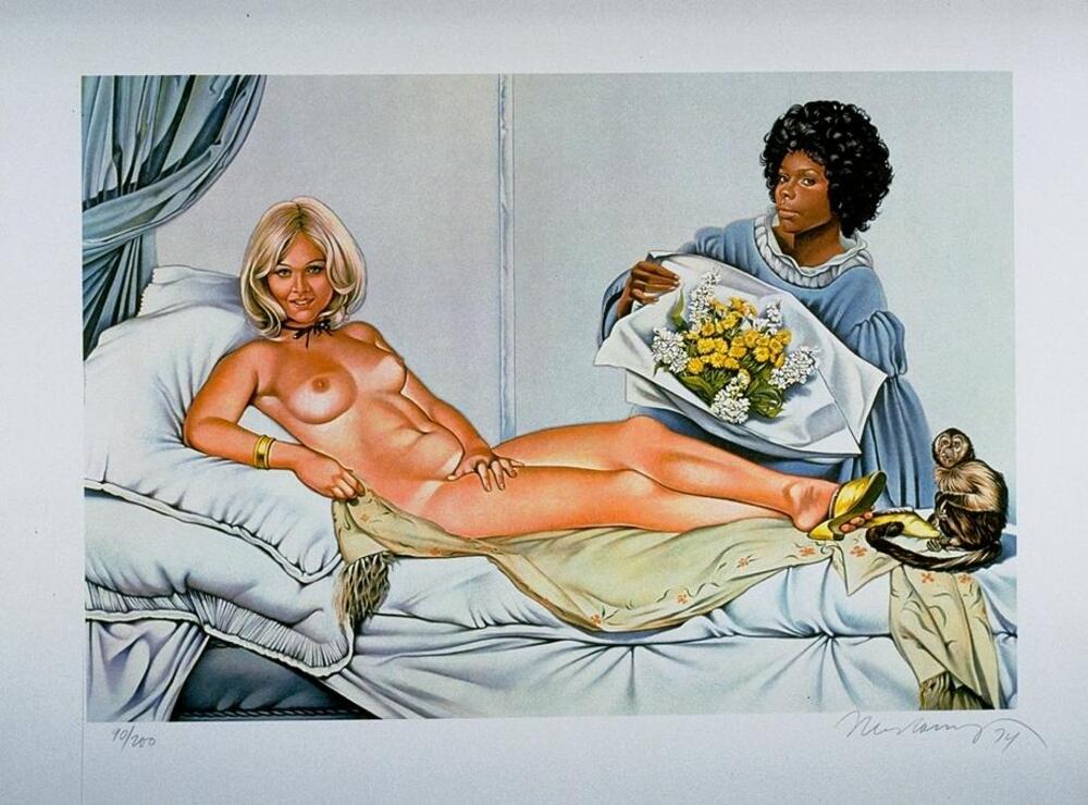 A female nude reclining on a bed wearing one yellow slipper on her left foot, a gold bracelet on her right arm and a black ribbon tied in a bow around her neck.  An African American woman in a blue dress stands behind her holding a bouquet of yellow and white flowers. A small monkey sits at the foot of the bed.  All subjects look directly at the viewer.