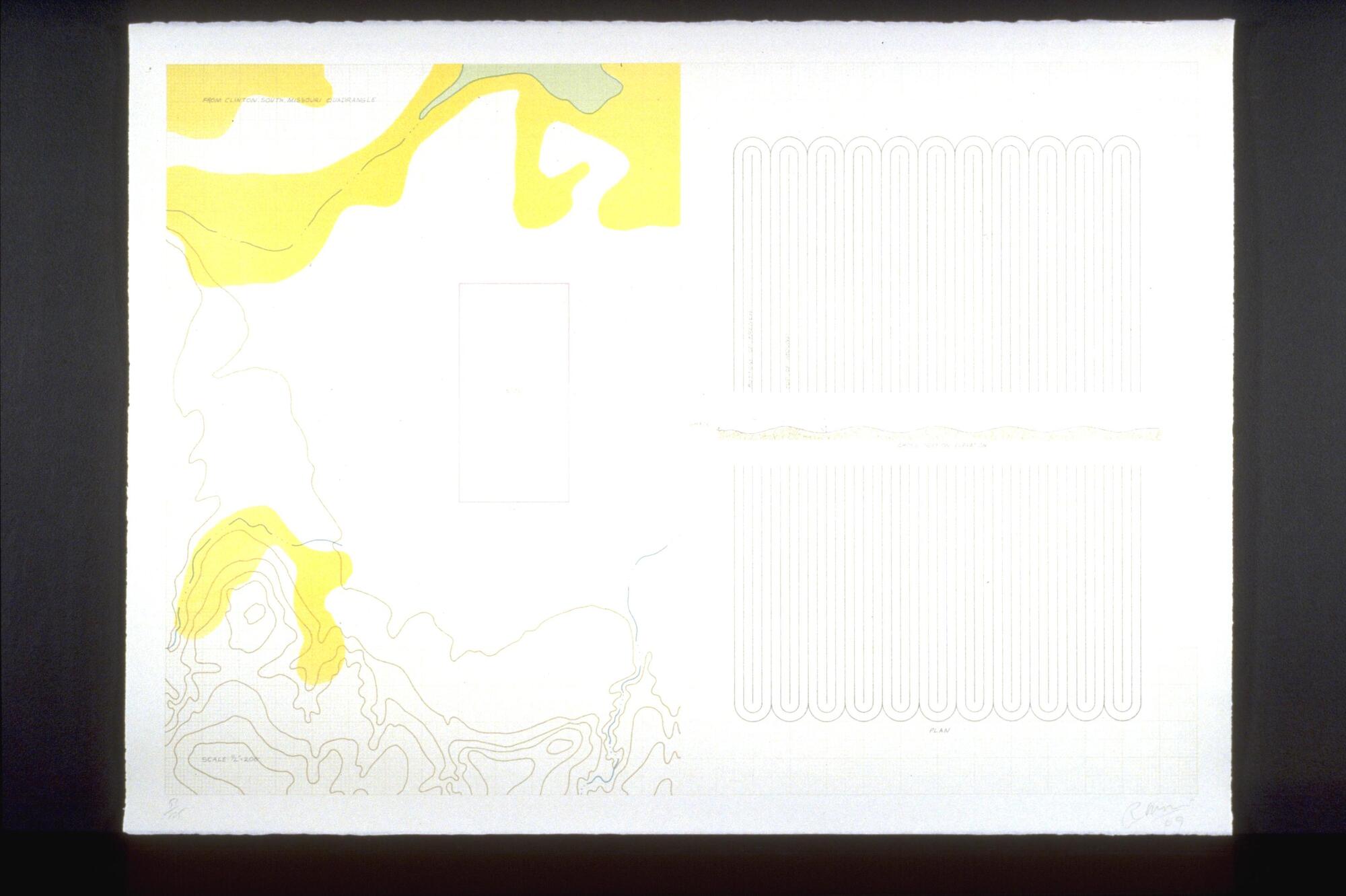 This lithograph on white wove paper is horizontally oriented with a grid of light gray lines on a white background.  On the right side there are two forms, one above the other, with closely spaced vertical gray lines. In the space between these forms is a yellow wavy shape. On the left side there is a contour map with yellow and green coloring. There is also a vertical rectangle drawn in this area and small words and numbers are drawn throughout the work.<br />