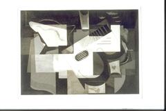 This abstract composition is a still life, in the cubist manner, of a stringed instrument, two sea shells, and a square with the heart symbol on it. The center of the composition is light while the perimeter is grey and black as if covered with a shadow.