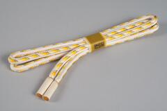 White with a rainbow of yellow, white and gold, matching fringe on both ends.