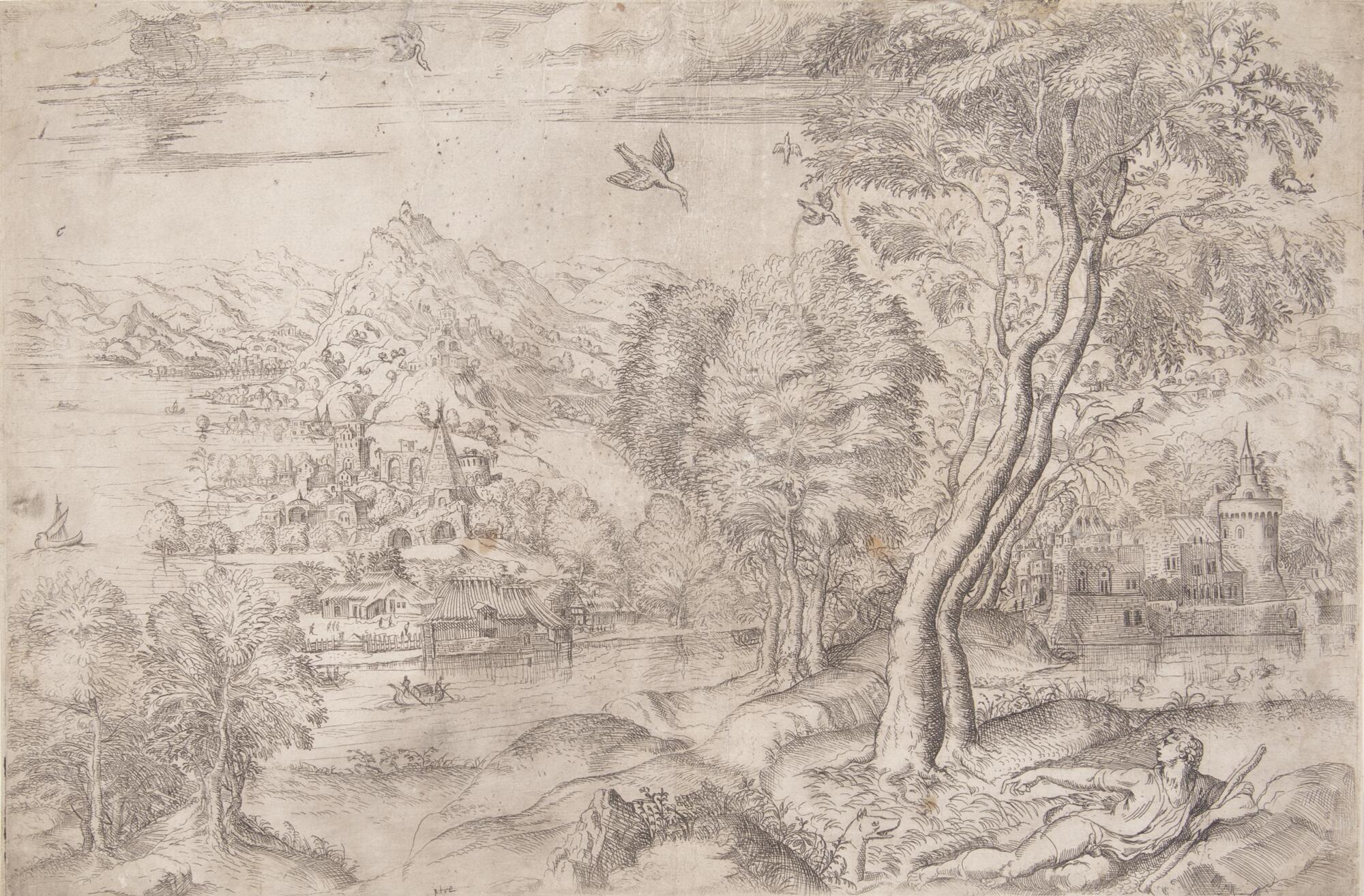 In the right foreground of a landscape scene there is a male figure reclining before two tall trees. The figure holds a wooden staff in one arm and points toward his dog with the other. In the distance there is a lake and mountainous landscape replete with many buildings. Several long-necked birds fly in the sky.<br />