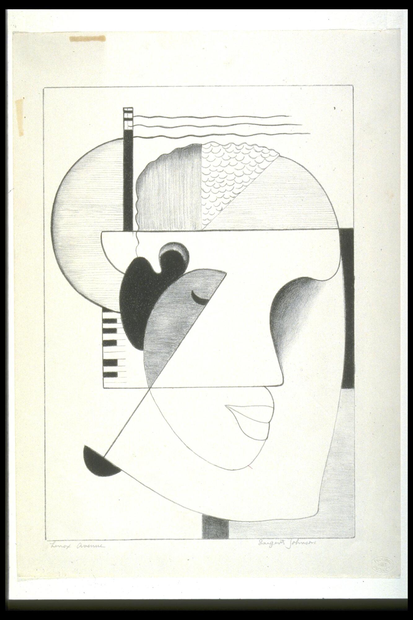 This is an abstract face of a figure looking to the right. The head is divided into compartments of varying textures by several straight lines. There are piano keys are on the left side of the head, and a cigarette at top left.&nbsp;