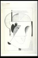 This is an abstract face of a figure looking to the right. The head is divided into compartments of varying textures by several straight lines. There are piano keys are on the left side of the head, and a cigarette at top left.&nbsp;