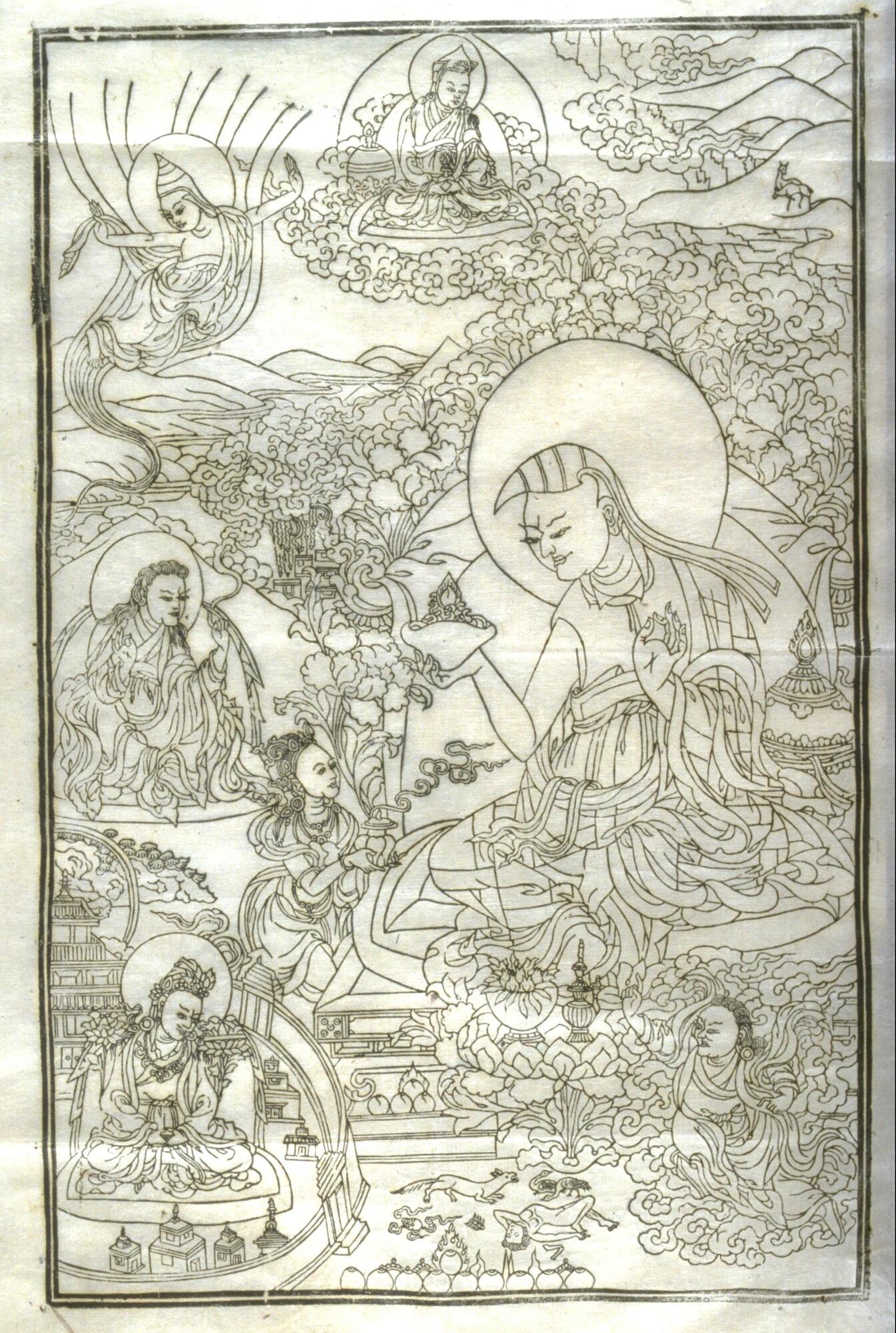 A woodblock print on paper; the block was quite worn, resulting in broken or smudged lines.