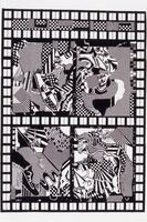 This black and white photolithograph has a frame of white squares, halfed by a thin line and edged with thick black lines. Towards the top of the print, there are four panels. Each panel has a different abstract design of shapes patterned with grids, lines, and checkers. At the bottom of the print, there is another framed panel with rectangular shapes with differing-sized checkers.