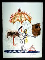 This print has a central image of a nude woman, depicted in blue, with long yellow hair, holding an orange, red, and green umbrella. To her right, there is another umbrella, with an orange handle and a collaged canopy. There are a number of line drawings and text (mirrored) around the second umbrella. To the right, there is a collaged face. At the bottom of the print is a blue sea and a drawing in red of a sailboat. The print is signed (l.r.) and numbered (l.l.) in pencil.