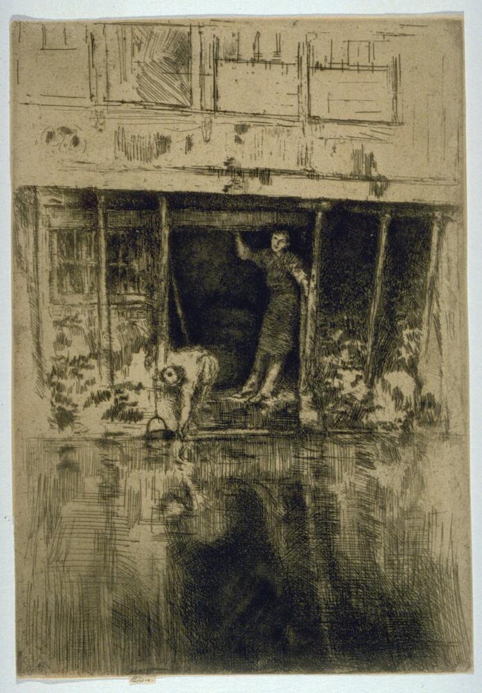 A man stands in an apron and rolled sleeves in the water door of a building along a canal. Another figure is seen kneeling and reaching down to the water at the left edge of the water door. The building and its reflection fills the frame; the emphasis is on the figures in the darkened opening, along with their reflections, while the upper story of the building is only summarily indicated.