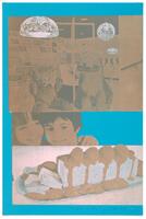 This photolithograph is printed in bright neon blue, pale pink and brown and depicts three main scenes. The first register at the top is a photo collage of an electronics store, a teddy bear, and a furry dog with a shoe in its mouth. Below, there is a cut-out image of two children, smiling and hugging: only their heads are visible. The bottom register shows an ice cream cake covered in fruit and toppings on a oval platter with a doily. The print is signed and dated at the bottom right.