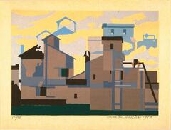 Multiple color screenprint of an abstracted industrial landscape. In the foreground is a small strip of land, and in the middle ground are buildings of various geometric shapes and sizes. In the background, the rooflines of the buildings start to blend in and emerge from the cloudy sky.