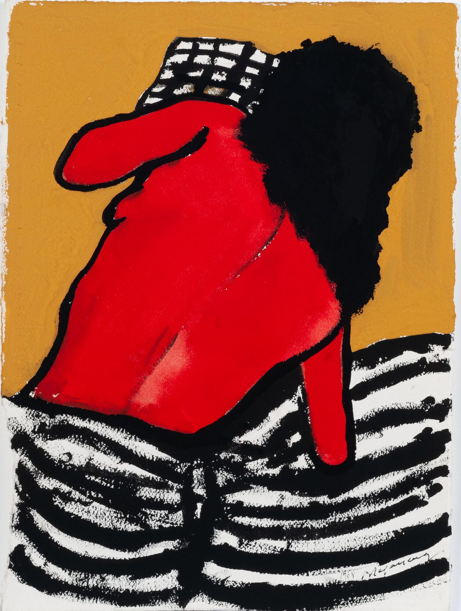 An image of a woman with red skin and black hair with her back to the viewer. The bottom half of her body is covered by a black and white striped blanket.&nbsp;