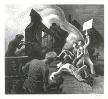 Two shadowed figures with weapons on the left face a group of four figures, in the light, on the right. Of the four, one is holding a sign and another is lying on the ground. Smoke from a fire billows in the background alongside industrial machinery.