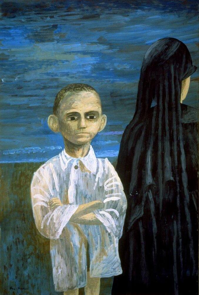 A boy stands at the front of the painting, arms crossed and face solemn. He is wearing an oversized white shirt that comes down to his knees. A figure, most likely a woman, stands behind him with her back turned. Her head is covered in a long black headscarf that is traditional to Jewish culture. Behind them is a blue horizon.