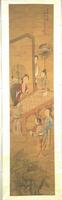Vertically long image. Ink on silk. Multiple figures gathered near a table. Vegetation in the lower left.