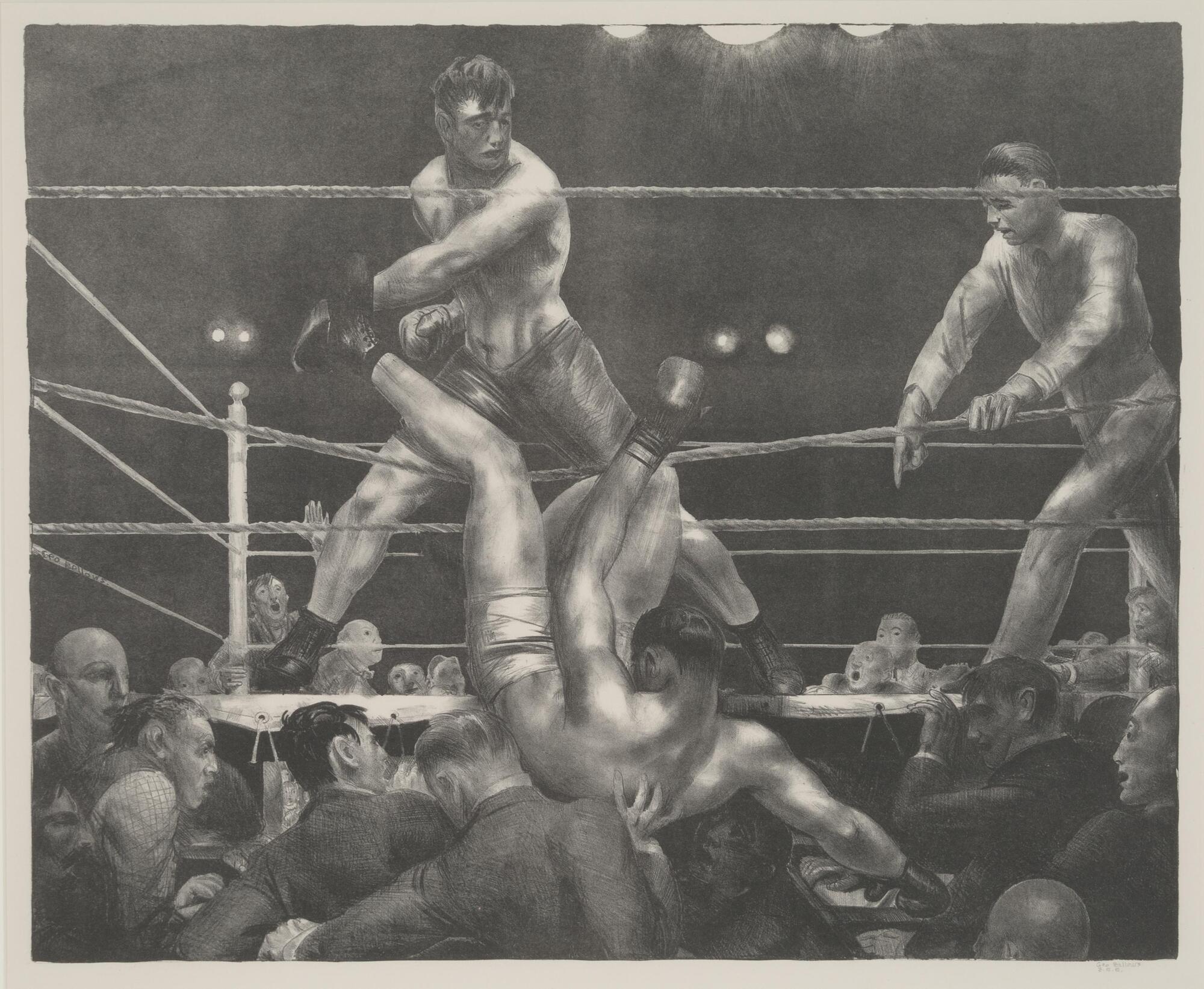 Boxer in a ring after a punch that sends the opponent out of the ring into the audience. The referree is on the right hand side, people are cheering.