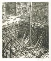 Teeming with meticulously recorded detail, this print depicts a massive construction site in the midst of a city. The large hole of the site consumes the majority of the lower two-thirds of the image; the upper portion consists of roads and buildings. Scaffolding and building materials extrude from the site into the air. <br />
Signed on plate, recto, l.r.: "Muirhead Bone"<br />
Signed below platemark, recto, in pencil: "Muirhead Bone".