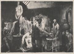 A group of artists in a studio with easels, painting a nude figure on a stage.