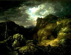 Dark landscape set atop a rocky mountain with sparse vegetation. There is a small boulder in the left foreground space with a dead tree standing beside it; in the right foreground there is what appears to be a small cave. A dead and broken tree lies across the bottom of the picture frame. There are mountains in the distance and a dark stormy sky above with a break in the clouds near the center of the canvas that reveals a sunny blue sky.