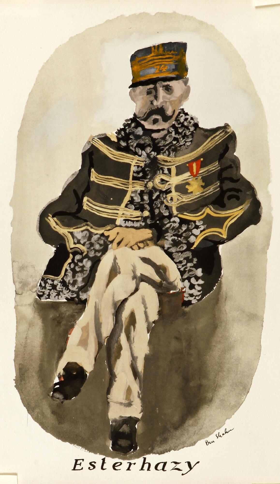 A portrait of a man sitting down. Shown in military dress, he sits with his legs crossed and is painted from the front.  His coat is decorated with a medal and embellished with gold and fur trimmings.  Although he is painted seated, there is nothing but a dark shadow beneath him.  Underneath the portrait reads "Esterhazy".