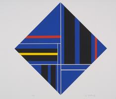 At the center of the screenprint, there is a blue diamond shape interspersed with black rectangles. Thin white lines and yellow and red lines also run throughout the larger diamond shape. The print is signed (l.r.) "Ilya Bolotowsky" and numbered (l.l.) "154/225" in pencil.