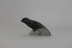 A small bird carved from black stone, leaning forward and looking straight ahead. Its tail feathers are attached to the unpolished base.&nbsp;