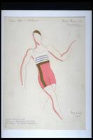 This costume design shows an athletic man leaning left wearing a bathing suit with a white tank top with blue stripes. It has high waisted red shorts with a brown stripe at the top and a brown stripe running vertically on the shorts on the figures right side. 