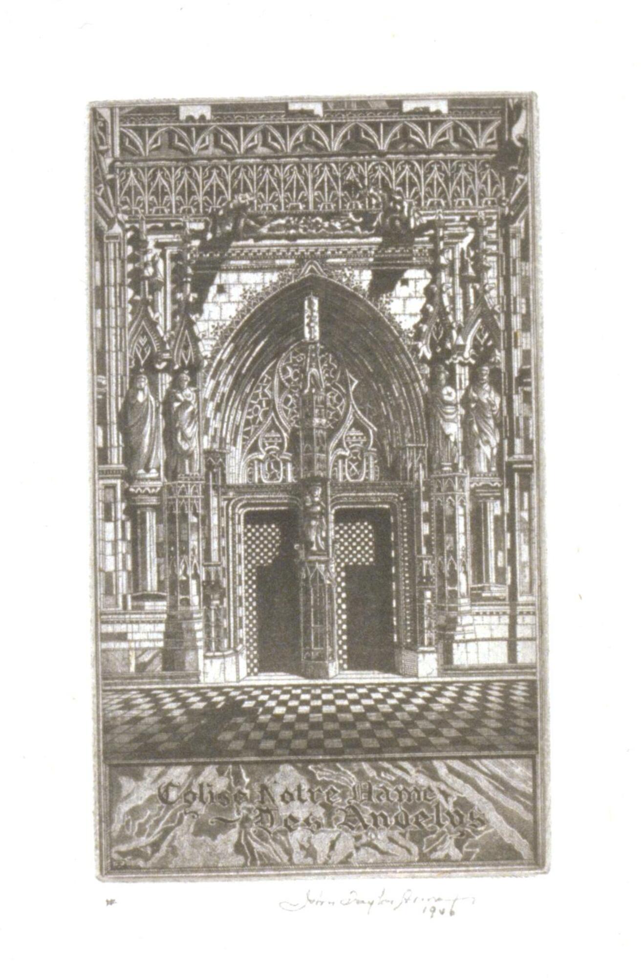 The vertical rectangular space of the image is completely filled with a detailed rendering of a section of an intricate Gothic portal façade. In the foreground a checked tile floor creates a recession into the space. In the center of the composition two doors are framed by a high, pointed arch. The space of the arch is filled with fine cut-out ornamental stonework. Arched niches containing figural sculptures flank each side of the main archway, and one also separates the two doors. The top of the image is framed by two rows of geometric ornamental decor. <br />
Beneath the image is an ornamental panel of simulated marble, on which the title of the image is written in gothic script: "Eglise Notre Dame / Les Andelys".<br />
Signed and dated: "John Taylor Arms / 1946"