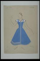 This color drawing for a costume design shows a dirndl dress with a white blouse underneath and a full, tea-length skirt. The dress is blue but for a white stripe that bisects it vertically, runs around the hem and becomes three stripes at the bottom left.