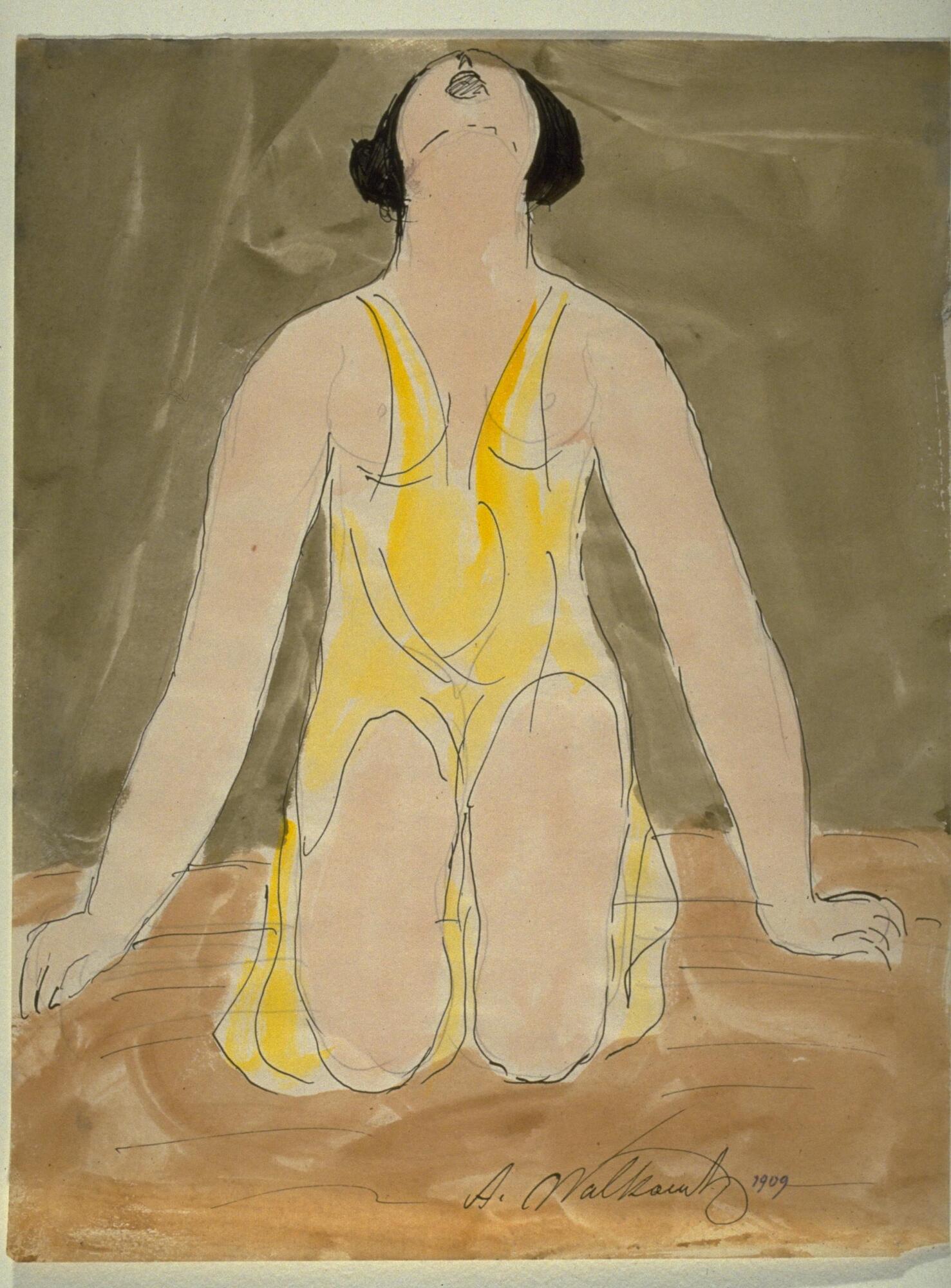 Drawing of a woman, kneeling, facing viewer, arms extended to the ground on the sides of her body, head leaning back. 