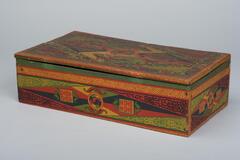 Lidded box covered in paper. The exterior is decorated with flowers and butterflies in green, red, and gold. There are no designs on the interior. It is the middle of three nesting boxes.