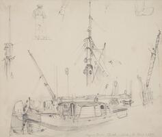 Sketches of a ship, seamen and their distinct Dutch clogs, and of masts.