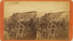This color stereoscopic image features two images of trees in the foreground and a field extending into the distant background. The image is a sepia tone mounted on a red-orange background.