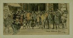 A large crowd of men—almost all of whom wear top hats—women, and children congregate in an urban setting. In the left foreground a woman in a blue dress and an ornate hat passes the viewer. To her left a hobbled man holds a sign with a few legible words amongst squiggles; they read, "General / BOOTH / City Hall". Part of a bridled horse is seen at the extreme right side of the composition. Behind the crowd, whose clothing is heightened with an array of pastel watercolors, a colonnade is visible; at the left corner of the building the colonnade recedes backwards, and is mirrored by a row of receding street lamps. <br />
Inscribed on left, in image, in pen: "Royal Exchange Place" and below this, signed in pencil, "Muirhead Bone."