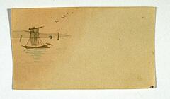 This is a very small drawing of a sailboat in water with birds flying overhead. This drawing is on tan paper and would have been used as a place card at an event such as a dinner party.