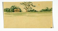 This is a drawing of a landscape. On the left are green plants in the distance and a brown hut, near the center there is a tree with green leaves, and on the right there is a yellow sun overhead. This drawing is on tan paper.