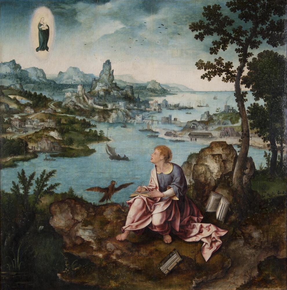 St. John the Evangelist sits in the foreground with a book open on his knee and quill pen poised over its pages. Two books rest next to him and an eagle has alighted on an adjacent rock. St. John looks up and to his right to see a standing figure of the Virgin Mary holding the infant Christ, who appear in a glowing mandorla hovering in the sky. A vast panoramic view of a bustling harbor and formidable mountains unfolds behind St. John and extends into the distance.