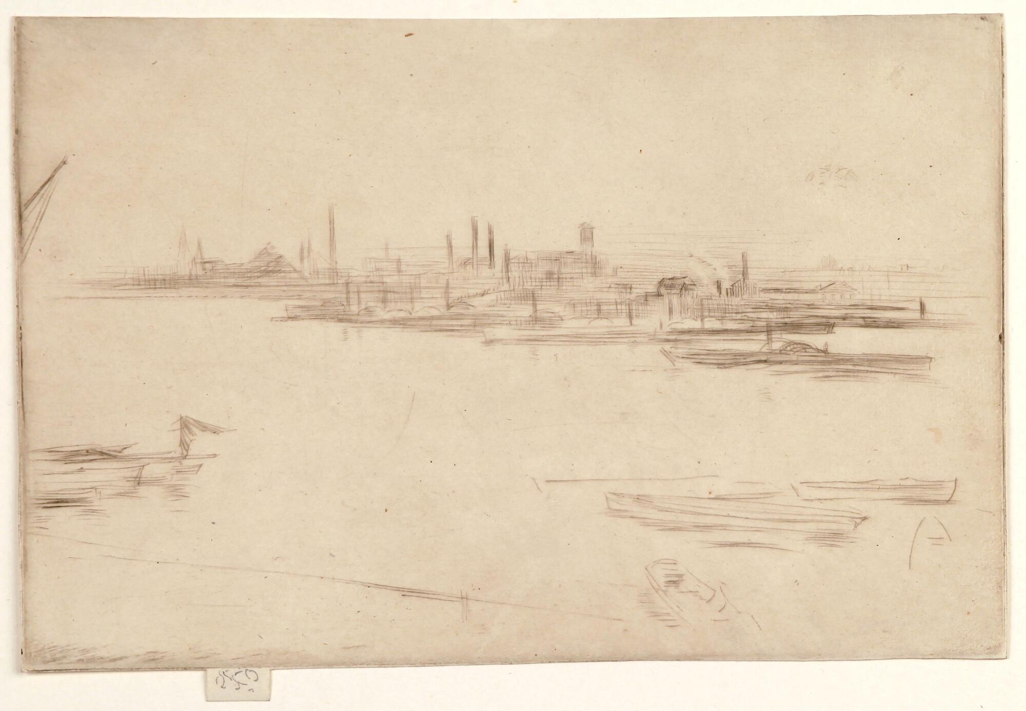 A stretch of water in the foreground and middle ground leads to a horizontal distant shore that is composed of a series of horizontal stepped recessions. The buildings on the far shore appear to be industrial buildings, with many smokestacks. At the bottom of the image are some lightly drawn boats.