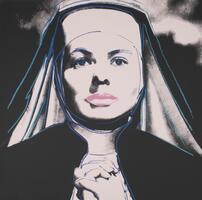 Portrait of a nun wearing a habit, hands together in prayer and bright pink lips. The screenprint is black and pink with royal blue lines outlining the nun&#39;s figure.