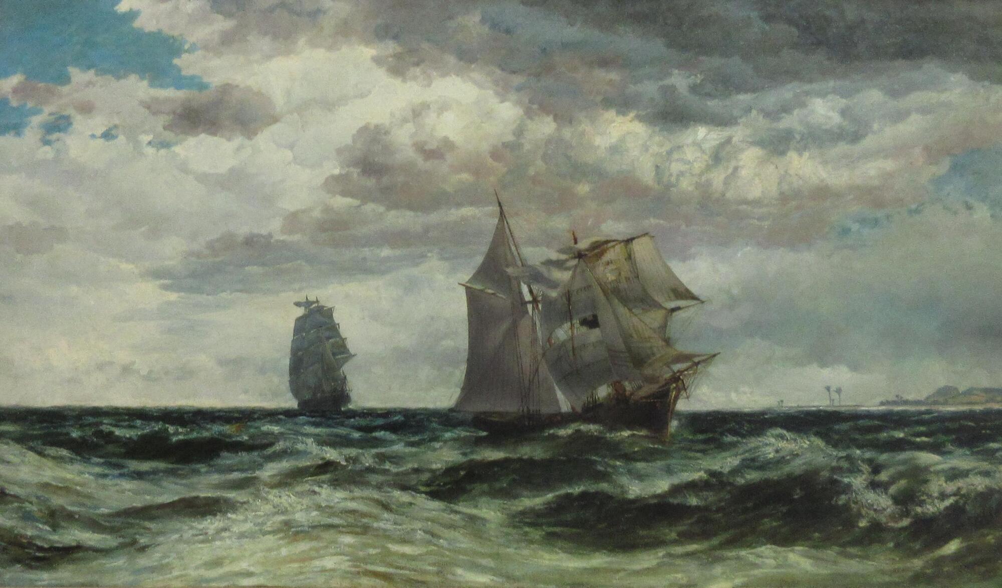 Ship chasing another ship. Shore on the right hand side of the painting.