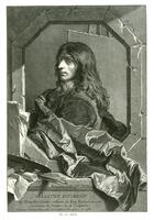 ;A young man with long hair looks over his shoulder at the viewer through an illusionistically described stone octagonal aperture. A heavy satin cloth cascades from his right shoulder towards the viewer and through the opening. On the near side of this rusicated aperture are the palette, brushes, drawing folio and a book, indentifying the sitter as an artist, the identification further secured by the canvas on an easle seen behind the figure.