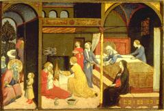 This painted panel depicts an intimate domestic setting consisting of a bedchamber with a fireplace and a smaller vaulted antechamber that opens out on a garden. A haloed woman wearing a white veil rests in bed, having recently given birth. She leans to her right as she reaches toward a basin held by an attendant and looks across the room to the infant who is held on the lap of another servant. A halo also encircles the head of the child and a pair of angels fly above her. Several other attendants and midwives bustle about the room, while another woman, more richly clad than the servants, gazes on the child from her seat at the foot of the bed. In the antechamber sits a haloed man in a long white beard, who leans forward to hear news of the birth from the child standing in front of him. A companion sits behind him and a servant passes through the door into the bedchamber.