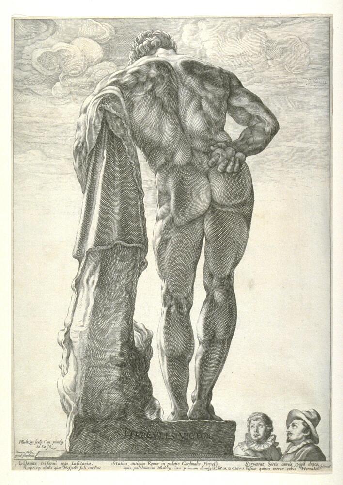 This impressively large engraving depicts the muscular back of a marble statue of a man. The figure leans upon a club draped with a lion skin and holds three apples in his right hand behind his back. Two men look up at the statue from the lower right corner of the print.