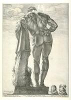 This impressively large engraving depicts the muscular back of a marble statue of a man. The figure leans upon a club draped with a lion skin and holds three apples in his right hand behind his back. Two men look up at the statue from the lower right corner of the print.