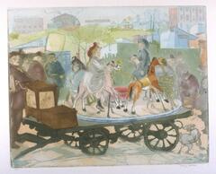 A busy street scene, dominated by a small merry-go-round on top of a wagon. Two girls, one in blue and one in grey, ride brown and pale horses, respectively. There are buildings and other men and women in the background.
