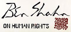 This piece involves numerous handwritting styles including Hebrew block in red ink, cursive in black ink, and stylized print in black with red accents.  This is the cover page for "Ben Shan on Human Rights."