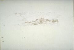 A silverpoint drawing of a cluster of houses situated on a grassy hill.<br /><br />
Eva Caston 2017