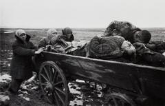 Three women push a wagon carrying dead bodies through muddy and barren terrain.