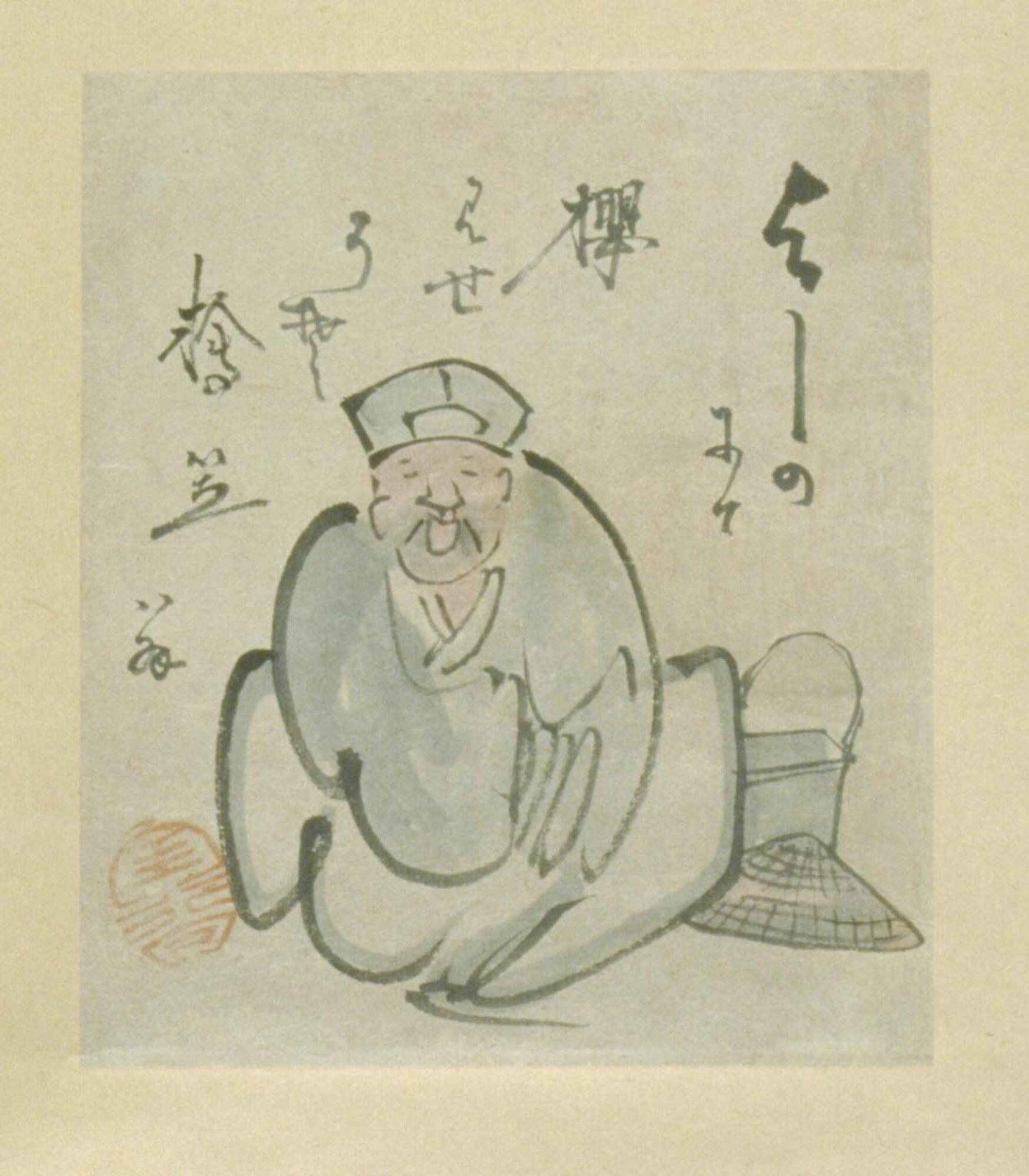 This portrait of the poet Matsuo Bashō is constructed with seemingly effortless caligraphic lines, and surrounded by lines from one of the poet's works. The figure sits looking out at the viewer, beside his hat and a square container with a handle. The artist's seal is placed to the left of the figure, visually recalling the objects beside the poet on his other side. 
